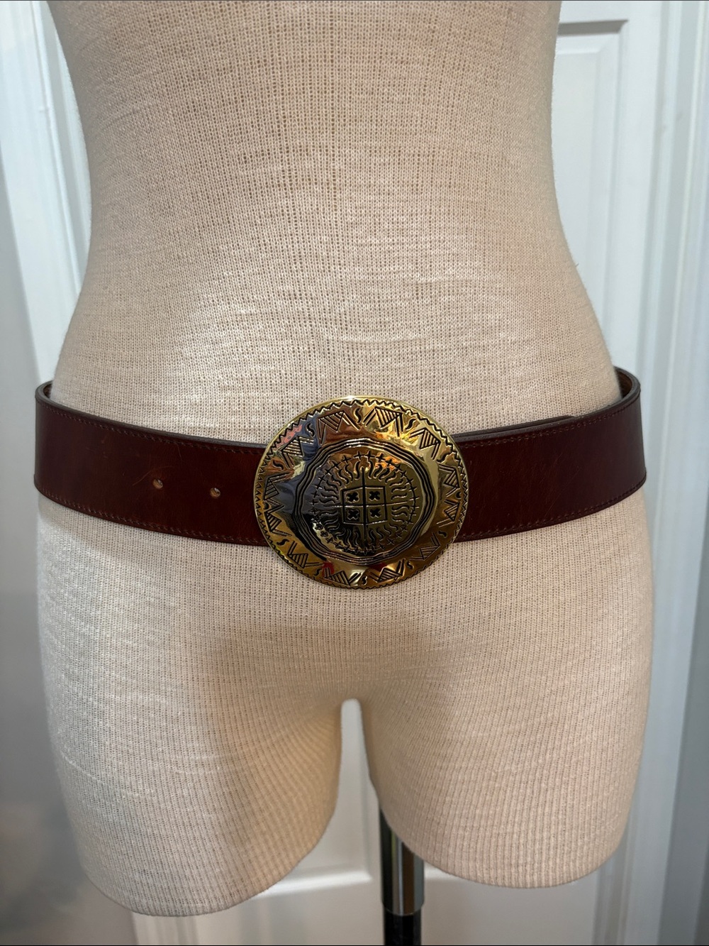 Leather Shop brown wide leather belt with gold buckle sz M